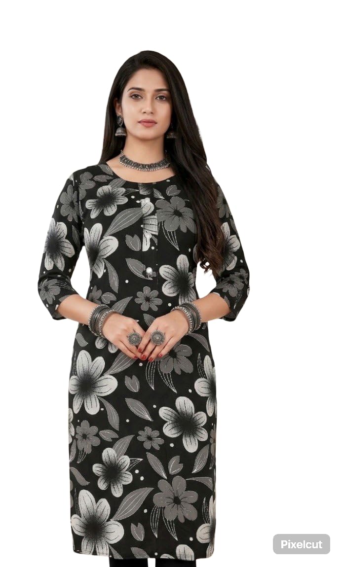 Women's Black Floral Printed Kurti, Round Neck, 3/4 Sleeves, Casual Ethnic WearWomen Floral Printed Straight Kurti | 3/4 Sleeve Casual Kurta for Ladies