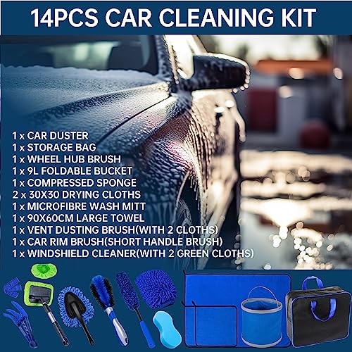 Bemece 14PCS Car Cleaning Kit - 9L Collapsible Bucket, Tire Brush & Hub Brush | Windshield Wiper | Microfibre Wash Mitt Towel Sponge | Vent Duster for Dust Remove for Car Motorcycle Trucks Cleaning - Image 4