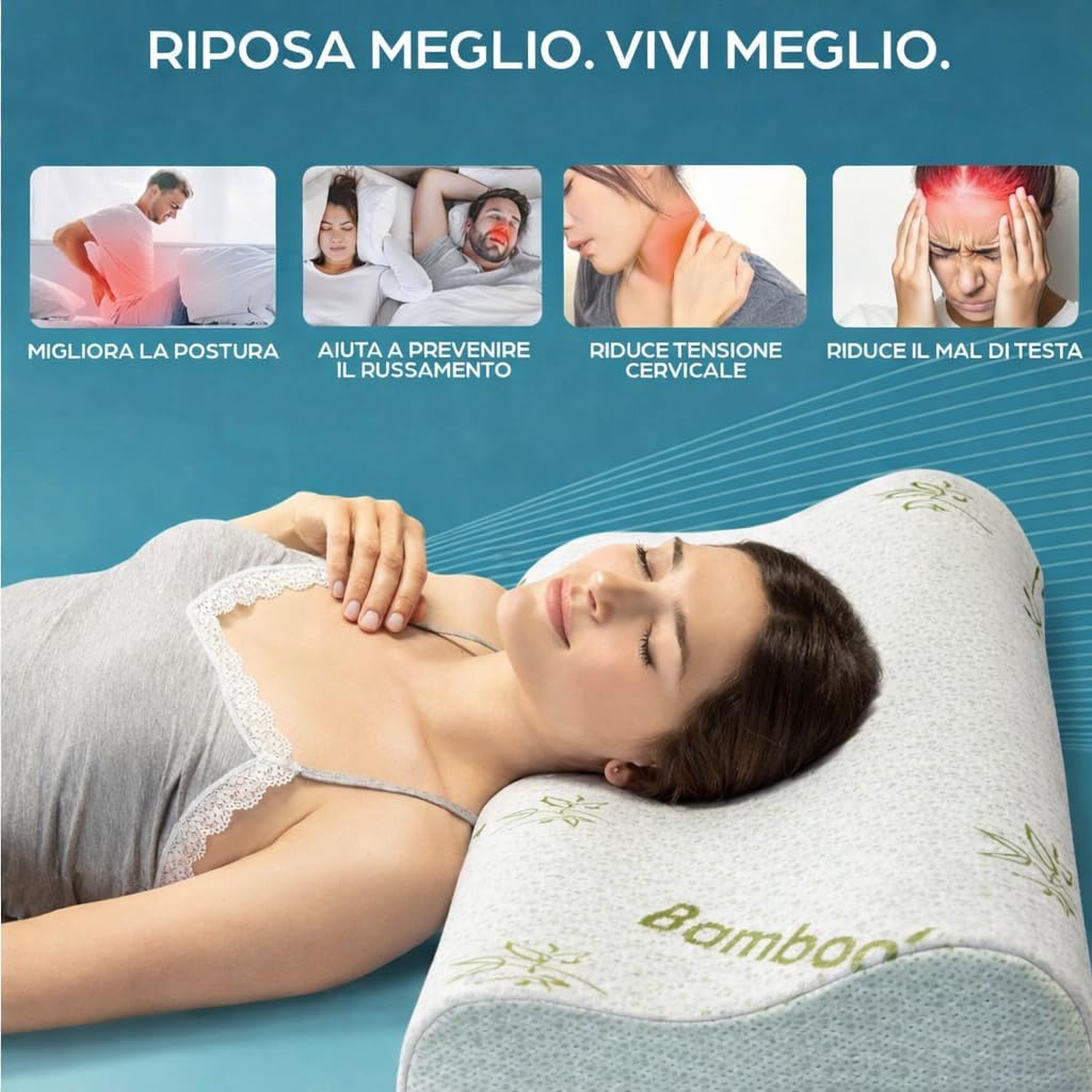Cuscino Cervicale Memory Foam per Dormire Ortopedico Aloe Vera Guanciale a Doppia Onda Ideale per Supporto al Collo Ergonomico Traspirante Antirussamento Anallergico Federa Bamboo Lavabile