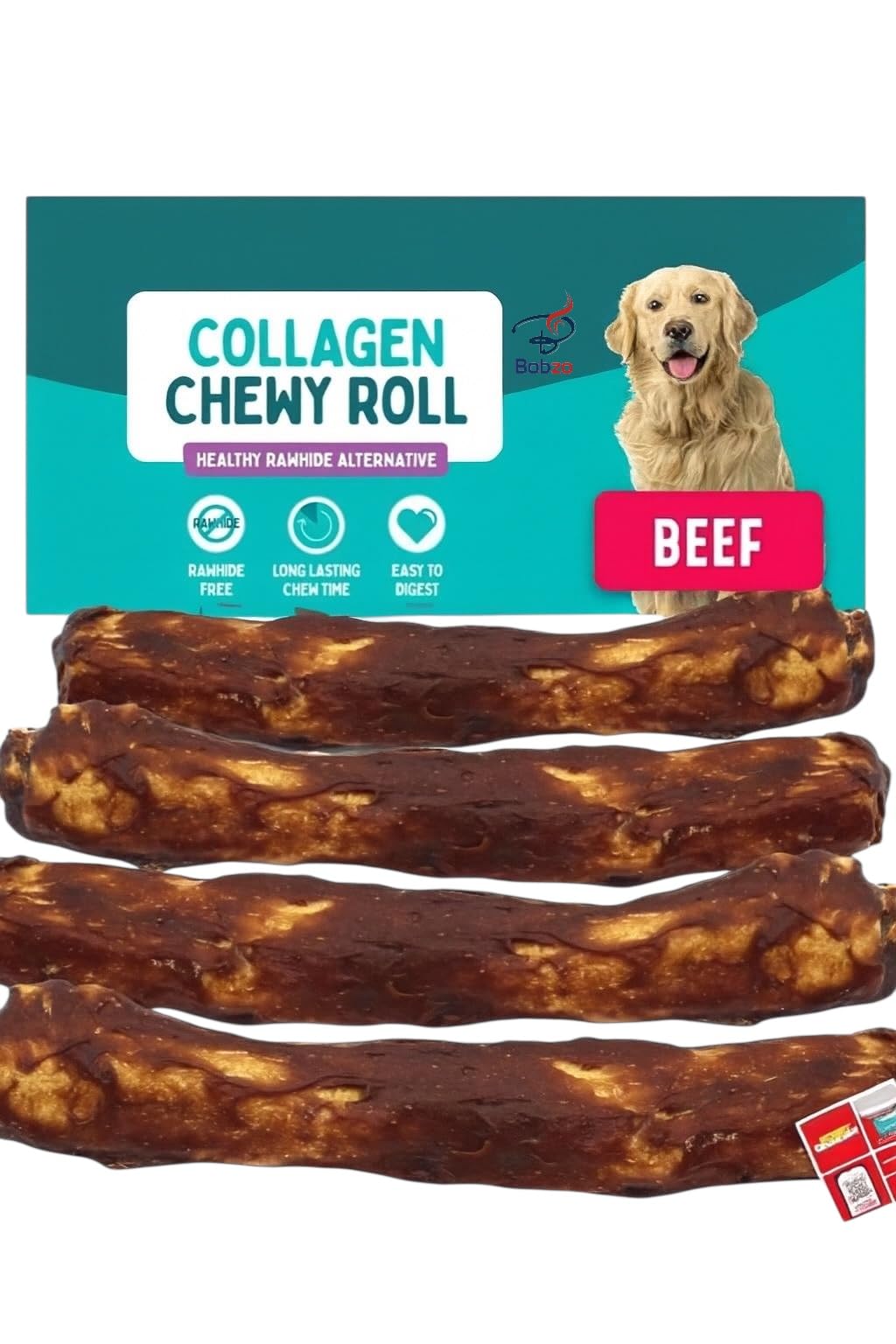 Bobzo 4 Pack Large Collagen Dog Chews 25cm – Long Lasting Beef Flavour Chewy Rolls, Durable Dog Bones for Aggressive Chewers, Healthy Training Treats & Boredom Breaker for Medium & Large Breeds