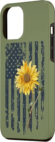 Miniatura 2 de Funda para iPhone 14 Plus con diseño patriótico de girasol amarillo con bandera estadounidense para mujer, color verde salvia
