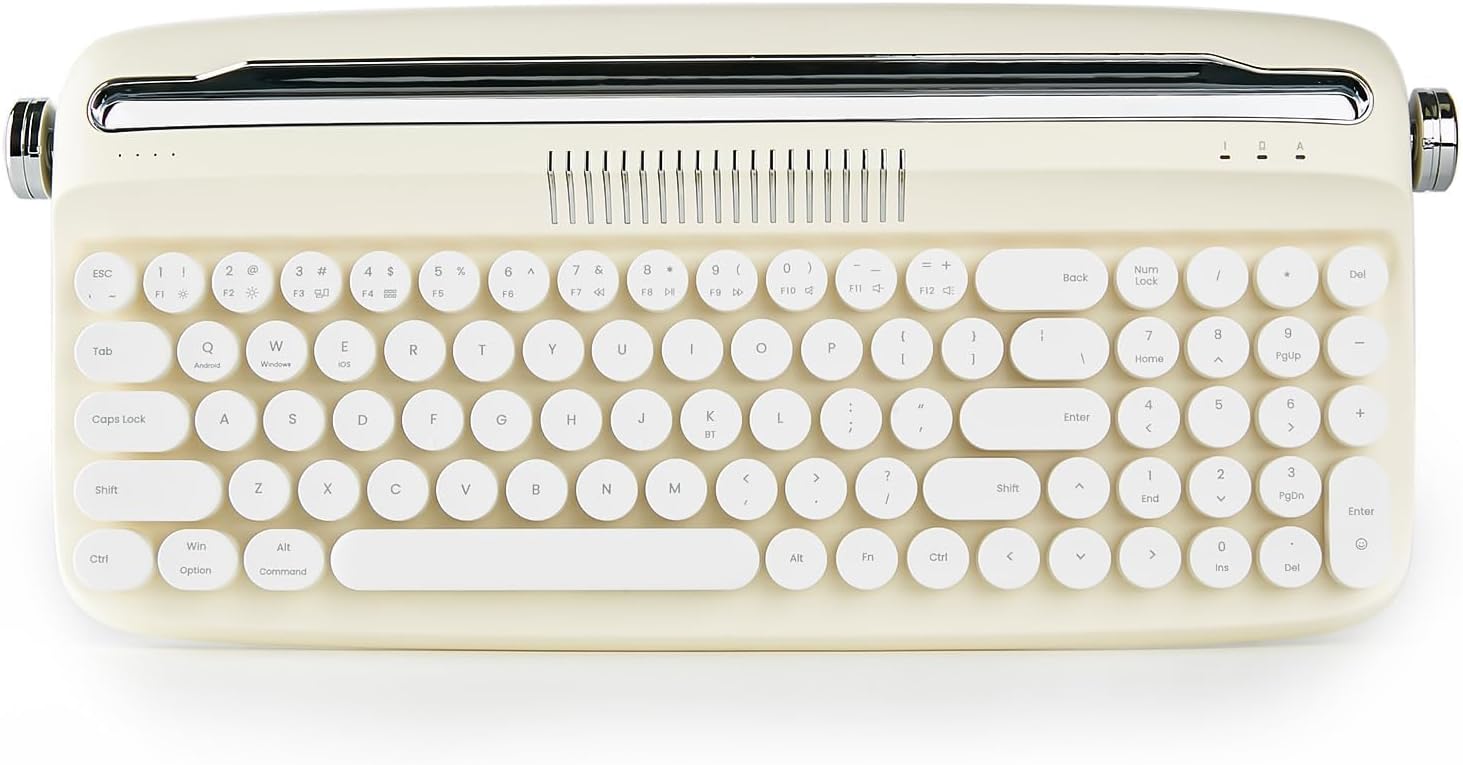 YUNZII Upgraded Wireless Typewriter Keyboard,with Retro Integrated Stand,USB-C/Bluetooth,Cute Round Keycaps, USB-C/Bluetooth Connection for Table, Phone, PC and Win/Mac/Android (B309, Ivory Butter) B309 Ivory Butter