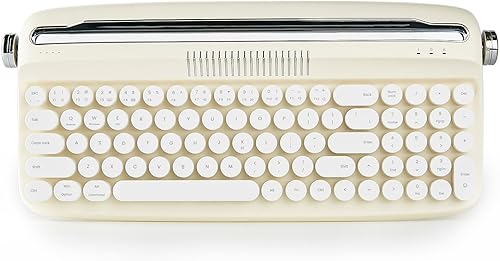 YUNZII Teclado de máquina de escribir inalámbrico mejorado, con soporte integrado retro, USB-CBluetooth, bonitas teclas redondas, conexión