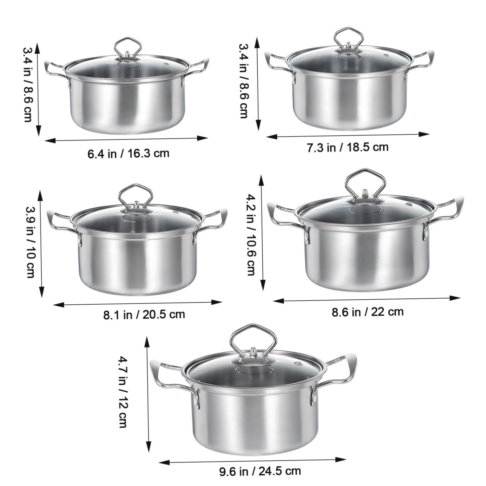 Set di Pentole da Cucina 5 Set in Acciaio Inox con Coperchi in Vetro