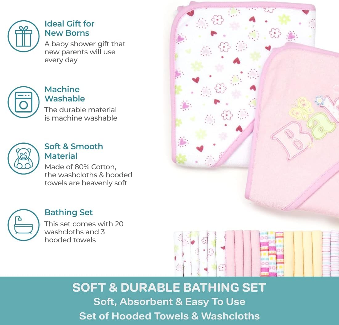 Spasilk Bath Hooded Towels & Washcloths Set for Babies, 23-Piece Gift Set, Pink