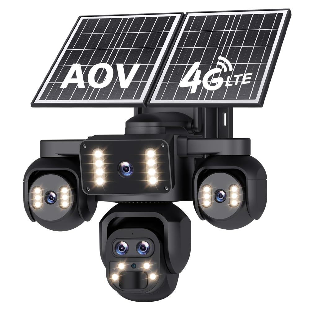 Shiwojia Light 4G Aov Solar Camera 【Five Lens】 20100 Mah Outdoor Wireless Cctv Camera, 10X Zoom, 20Mp Hd Human Detection, Battery Stand-Alone 24/7 Continuous Recording, Color Night Vision, Ip66