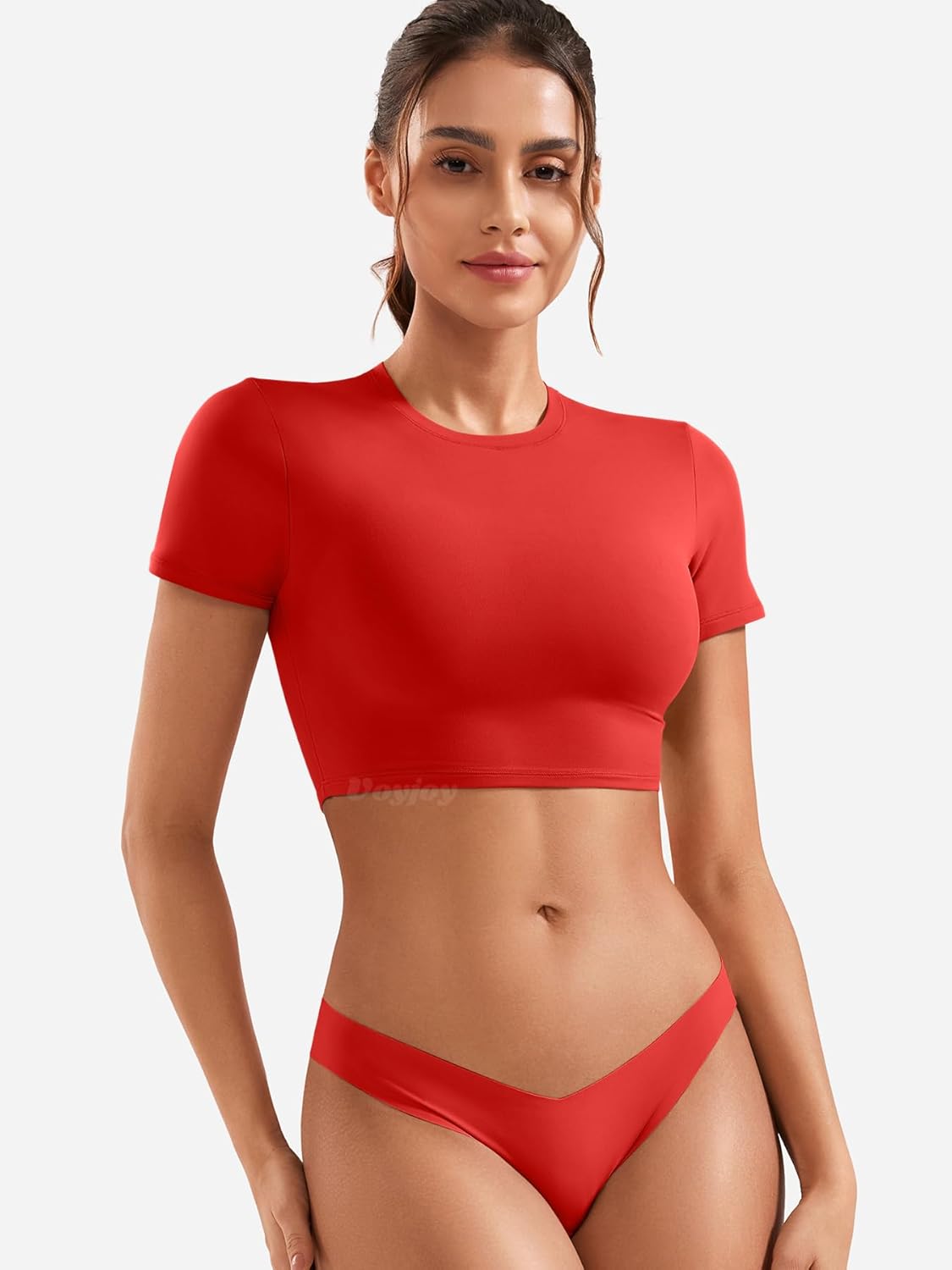 VOYJOY Womens Double Lined Fitted Short Sleeve Crop Tops Crew Neck Casual Workout T Shirts Cute Basic Tee - Image 3