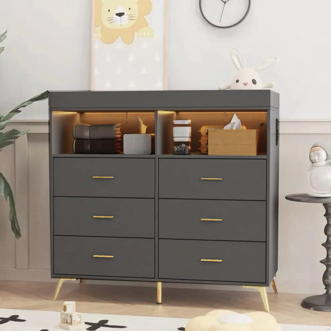 GarveeHome Dresser for Bedroom with 6 Drawers, Baby Changing Table Dresser with Changing Pad, LED Lights & Charging Station, Baby Changing Station with Changing Table Top