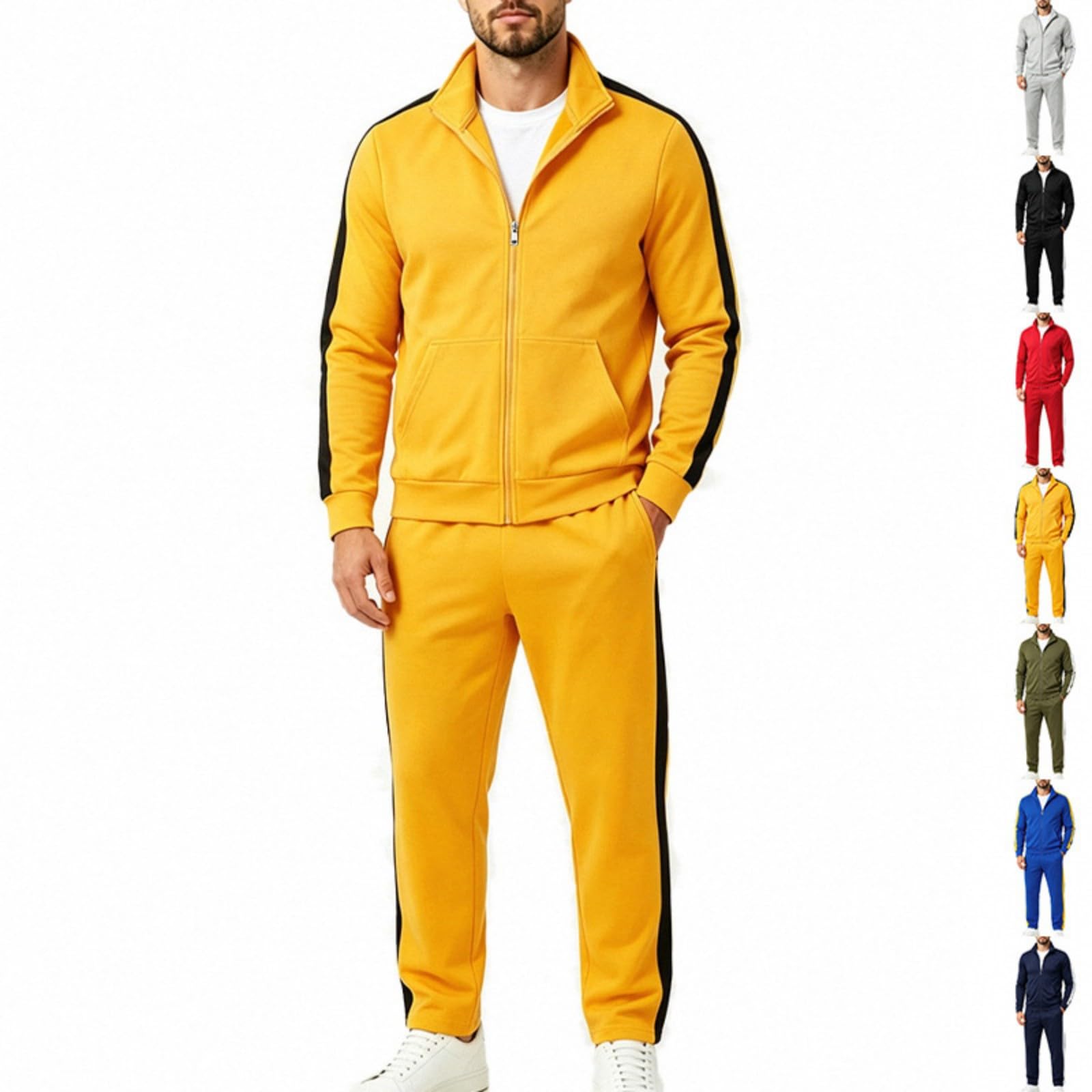 Set da ginnastica uomo giacca con striscia laterale e pantaloni da jogging | Giacca con zip integrale e pantaloni a gamba dritta con coulisse completo sportivo a due pezzi per lo quotidiano