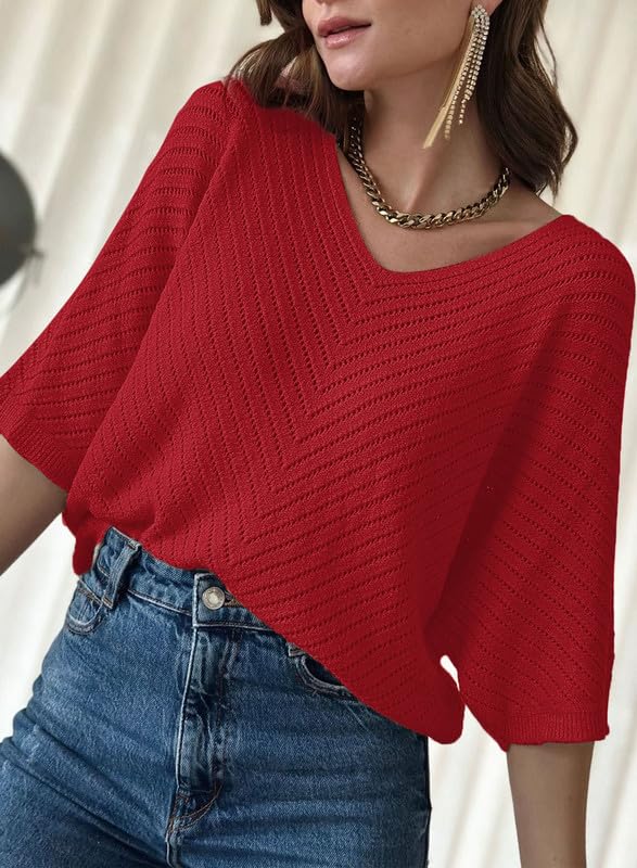 Dokotoo Women's 2025 Summer Spring Casual 3/4 Sleeve Solid Color V Neck Loose Pullover Knit Fall Sweaters Tops3