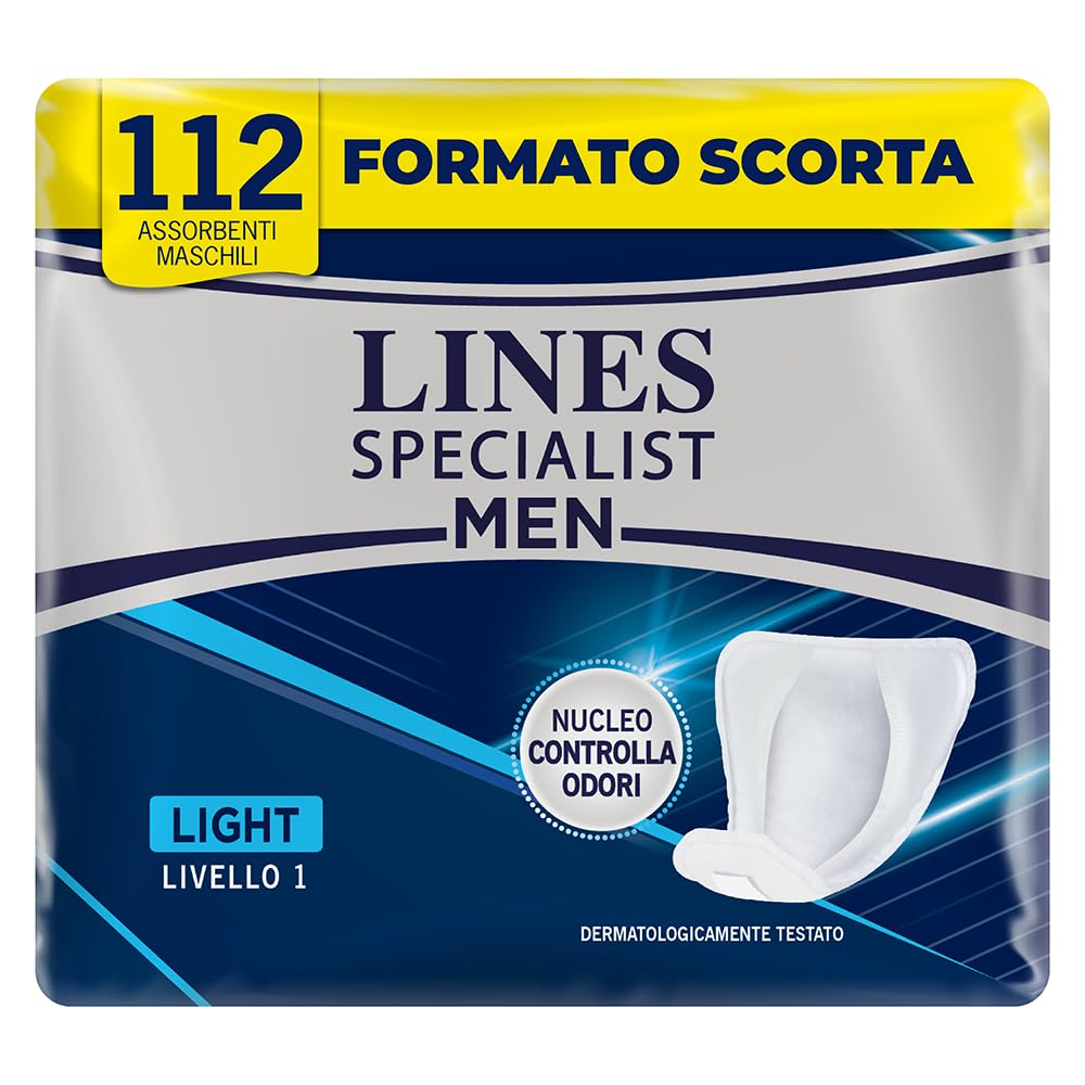 Lines Specialist Compresas masculinas Light Nivel 1, anatómicas y con núcleo controla olores, protección y discreción, 8 paquetes de 14 unidades