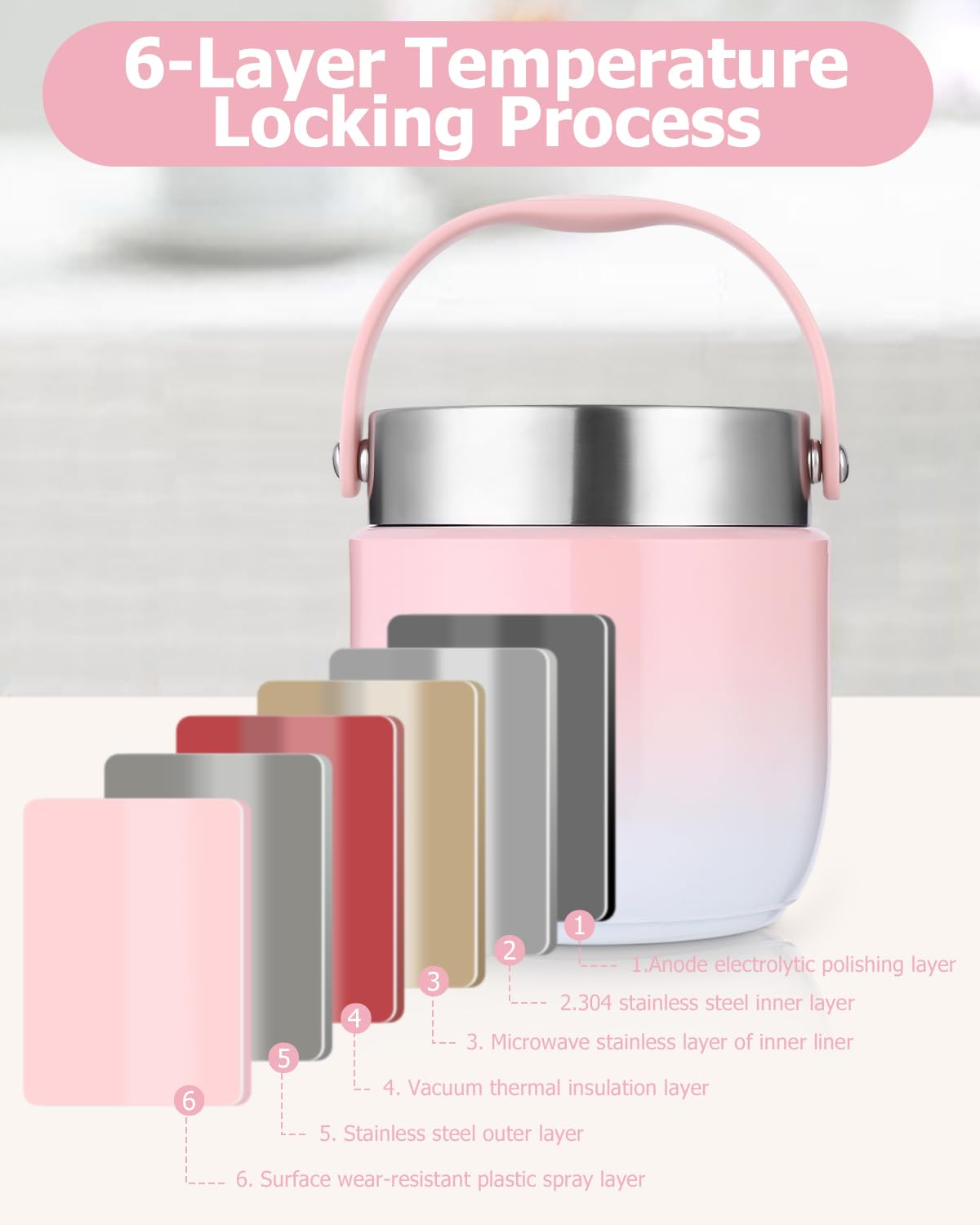 CTDMJ Thermocontainer voor levensmiddelen, 1500 ml, thermokom met opvouwbare lepel, ruim, roestvrij staal, voor warme en koude gerechten