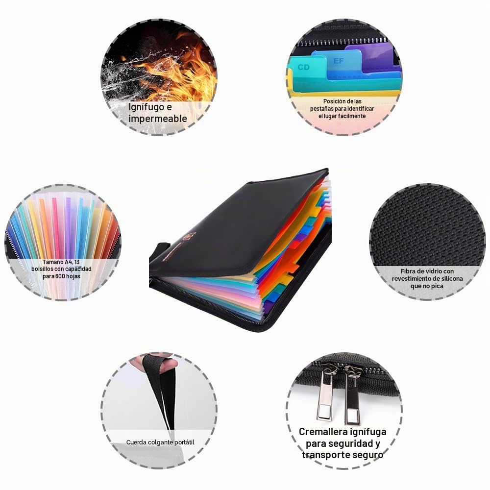 Bolsa de documentos ignífuga, resistente al fuego y al agua, tamaño A4, 12 bolsillos, resistente al fuego, impermeable, soporte para documentos, portátil, con revestimiento de silicona, no pica, para