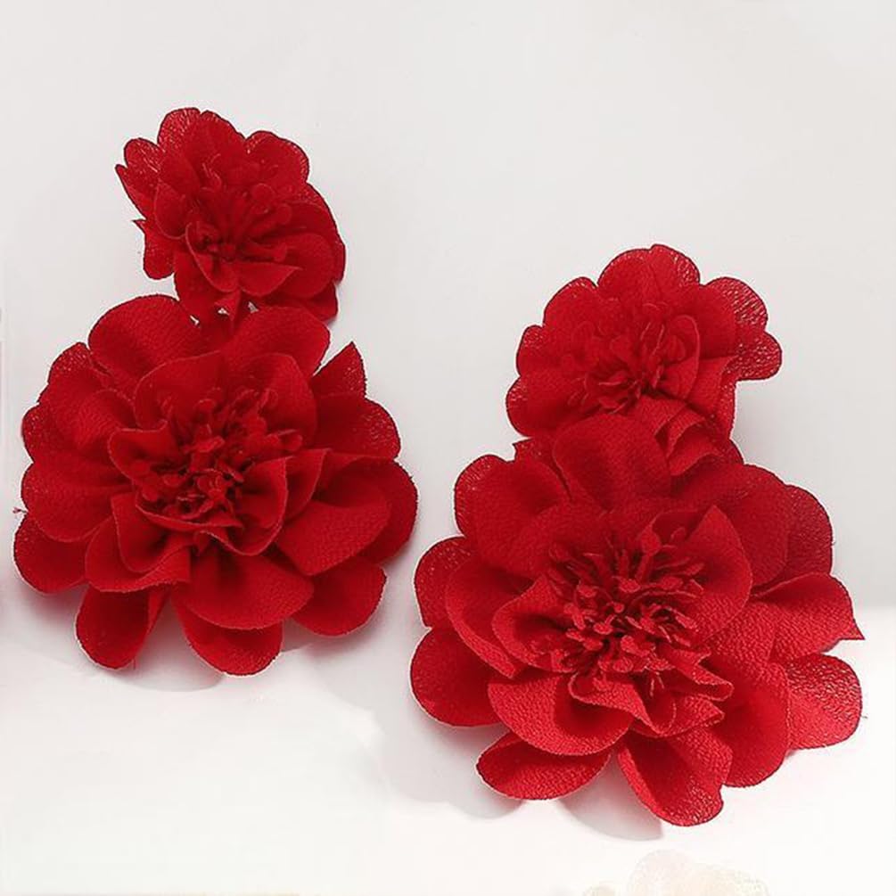 Statement Oversized Red White Double Fabric Flower Dangle Drop Earrings for Women, Charm Boho Floral Dangling Earring Bold Party Prom Vacation Jewelry Gift - Image 5
