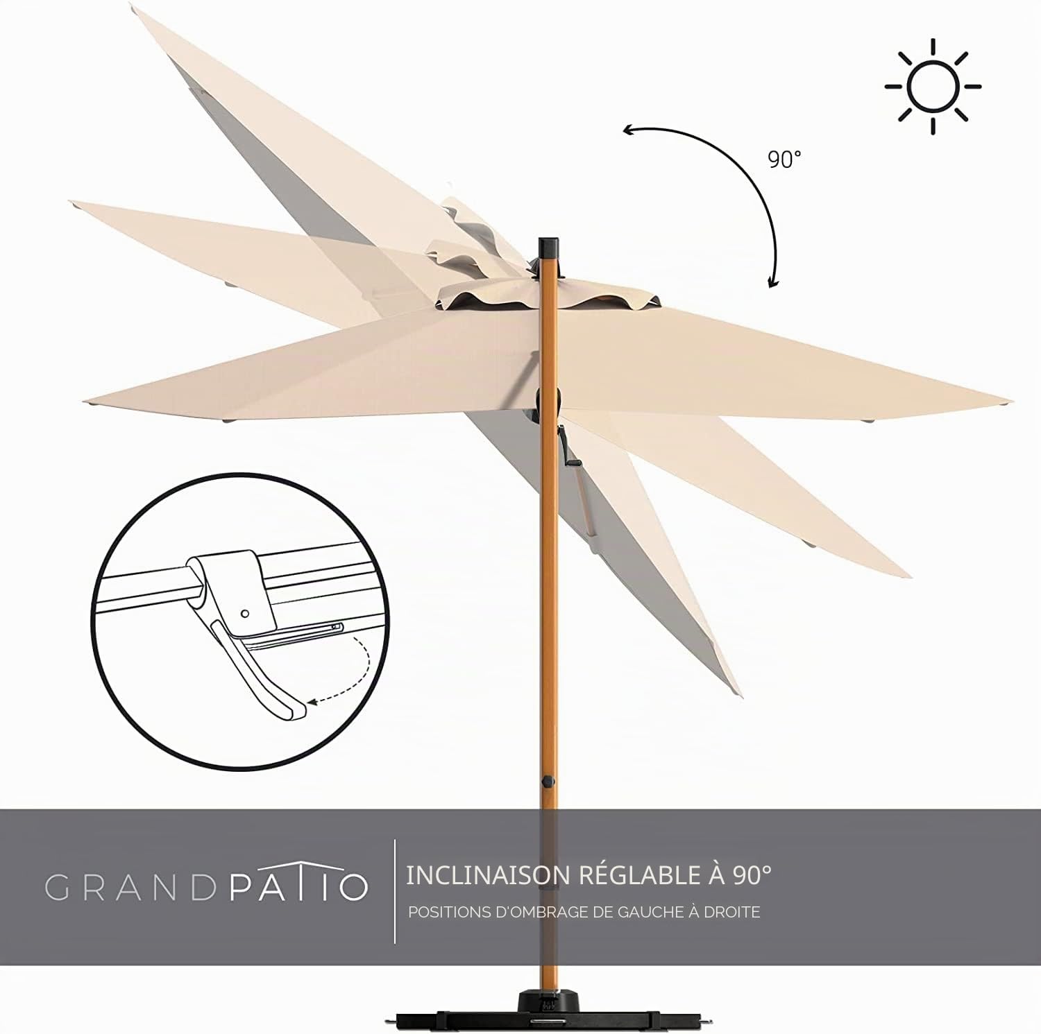 Grand patio Parasol de jardin de 3×3 m, parasol déporté à 8 nervures, parasol de jardin pour l'extérieur (champagne, rond)