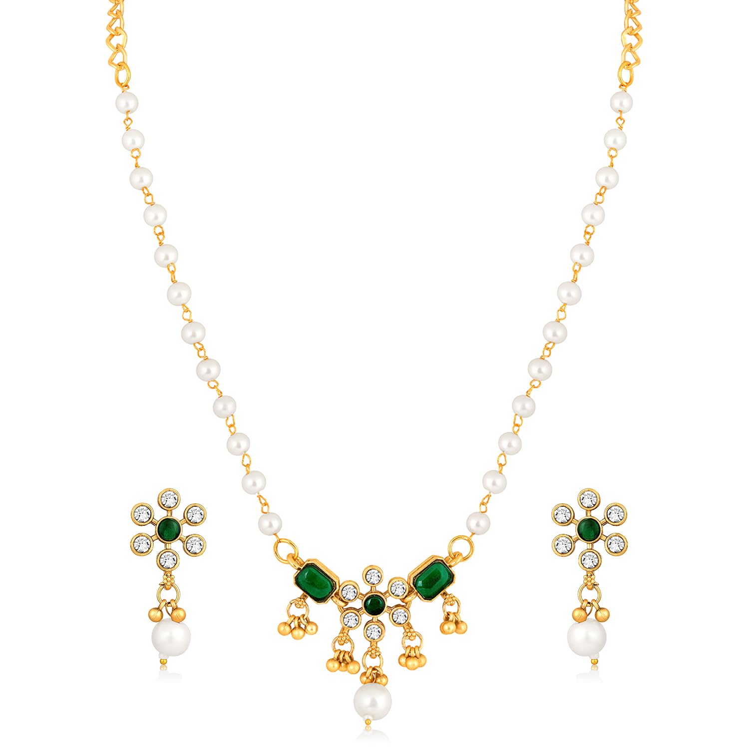 Peora Gold Plated Green Synthetic Stone & Pearl Studded Necklace & Drop Earrings Set Ethnic Fashion Jewellery for Women & Girls (B0D46MK2DV) Amazon Price History, Amazon Price Tracker