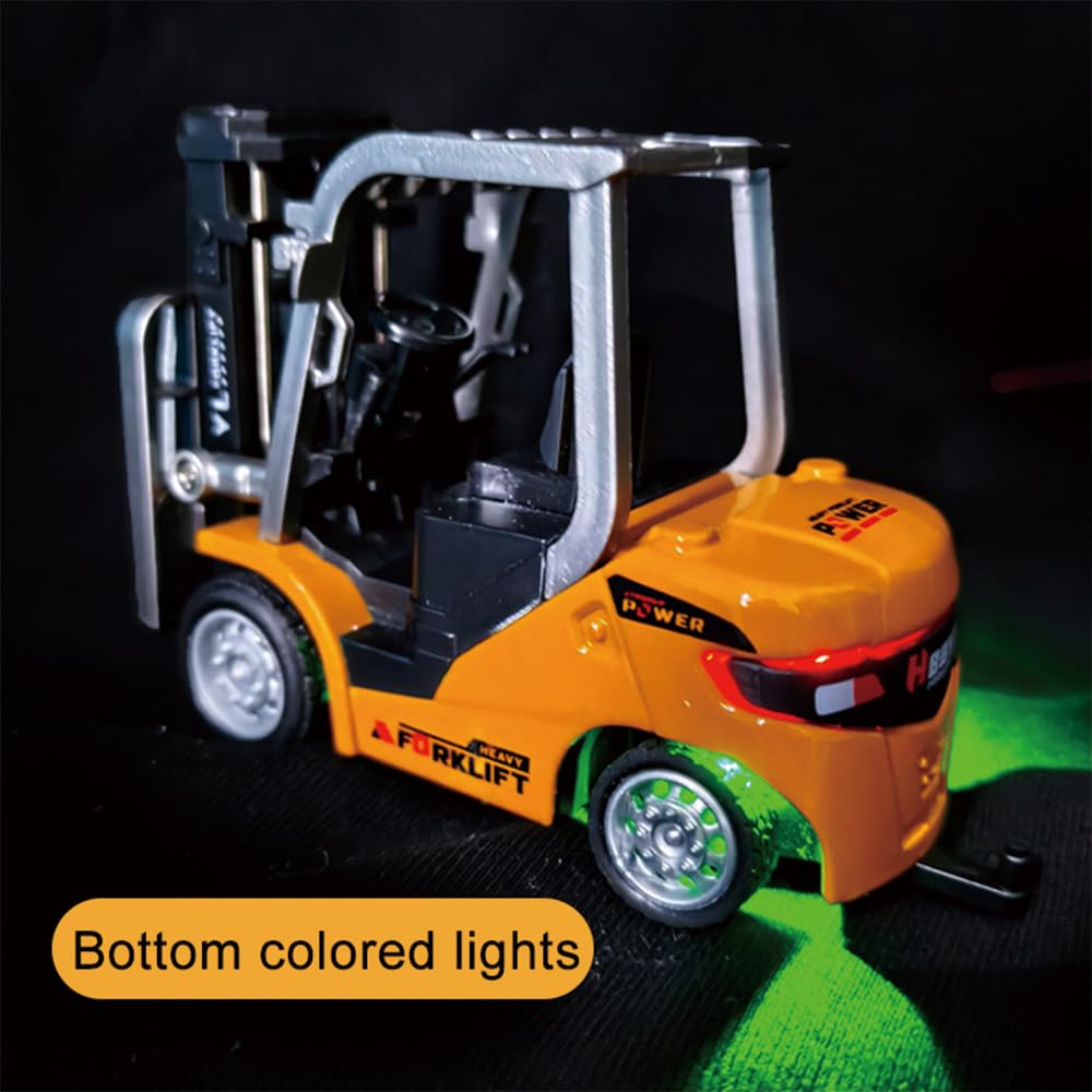 Juguete de excavadora teledirigido 1:64, luz de 2,4 GHz y efectos de sonido para niños, mini carretilla elevadora con horquillas de carga, paleta, vehículos de construcción de aleación