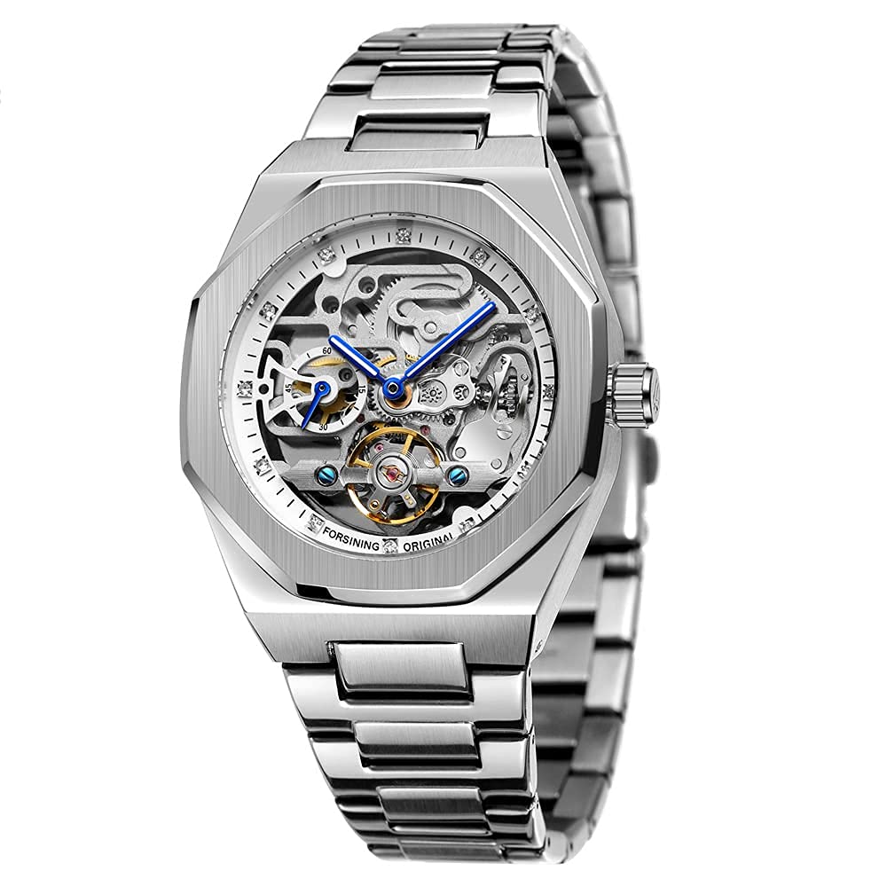 Tiong Montre pour Homme Montres Automatiques Montre-Bracelet Lumineuse MéCanique RéSistance Aux Chocs Steampunk Militaire Argent Noir