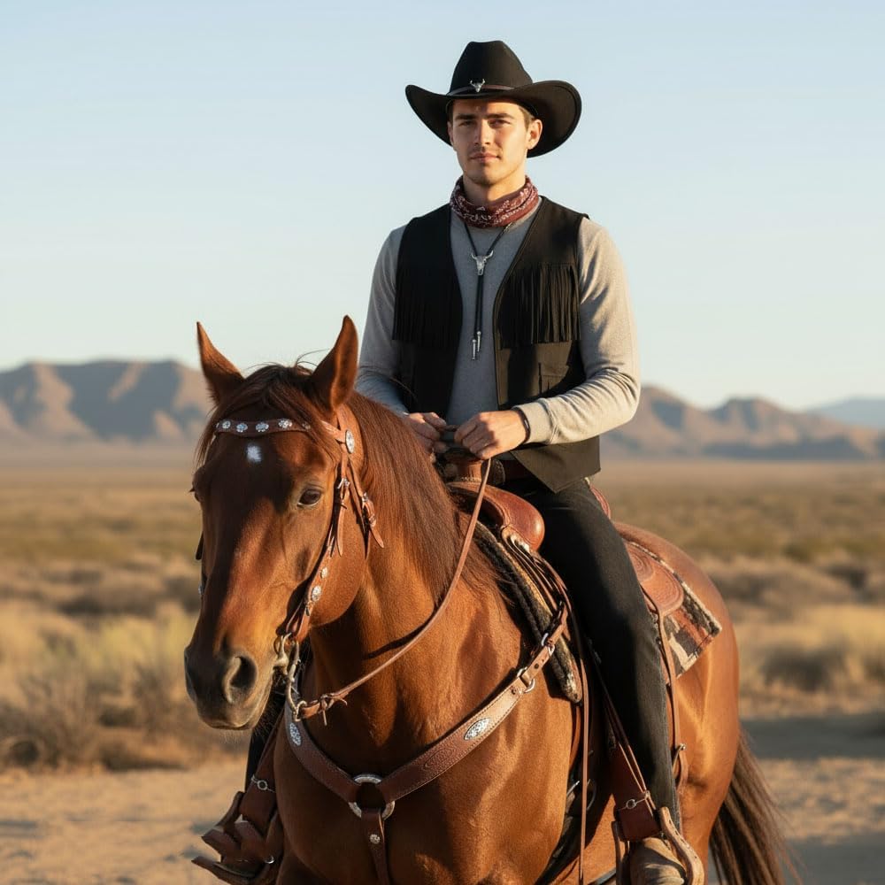 4 Pcs Western Outfits for Men Cowboy Tassel Vest Hat Western Bolo Tie Paisley Bandana for Halloween Cosplay Costume - Image 6