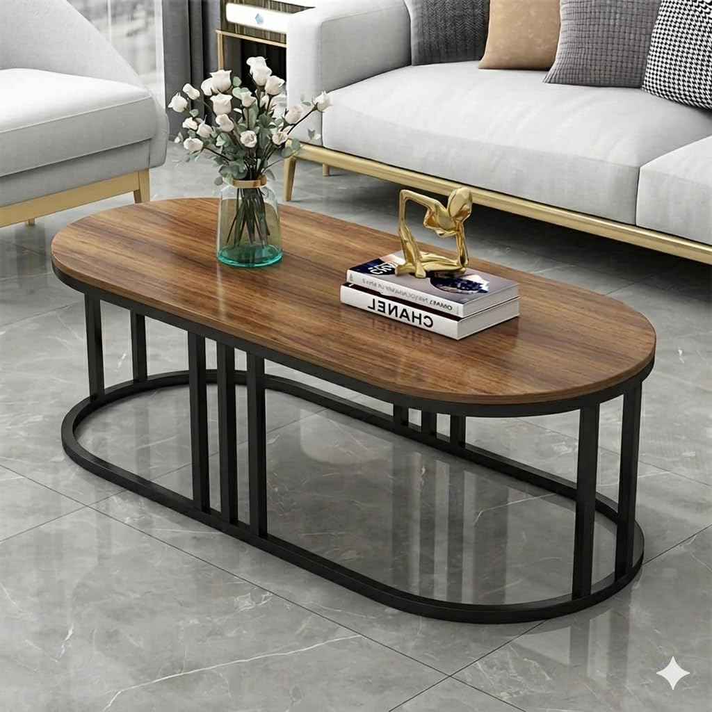 Oval Wood Top Coffee Table | Contemporary Capsule Shaped Sofa Side TableModern Center Table for Living Room, Stylish Tea Table Furniture for Home Office Reception, Contemporary (Brown Black)-image-5