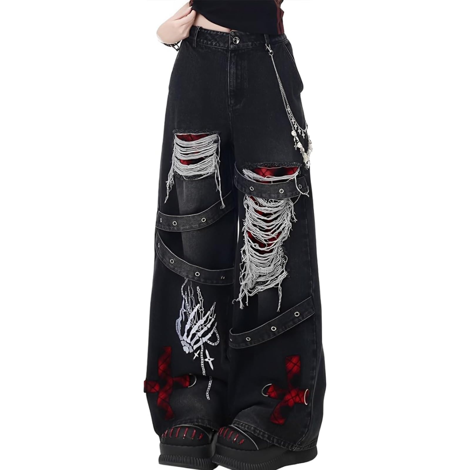 Y2K Ripped Grunge Baggy Jeans Hose Emo Damen Goth Straight Leg Hose High Waist Alt Y2K Hose Kleidung