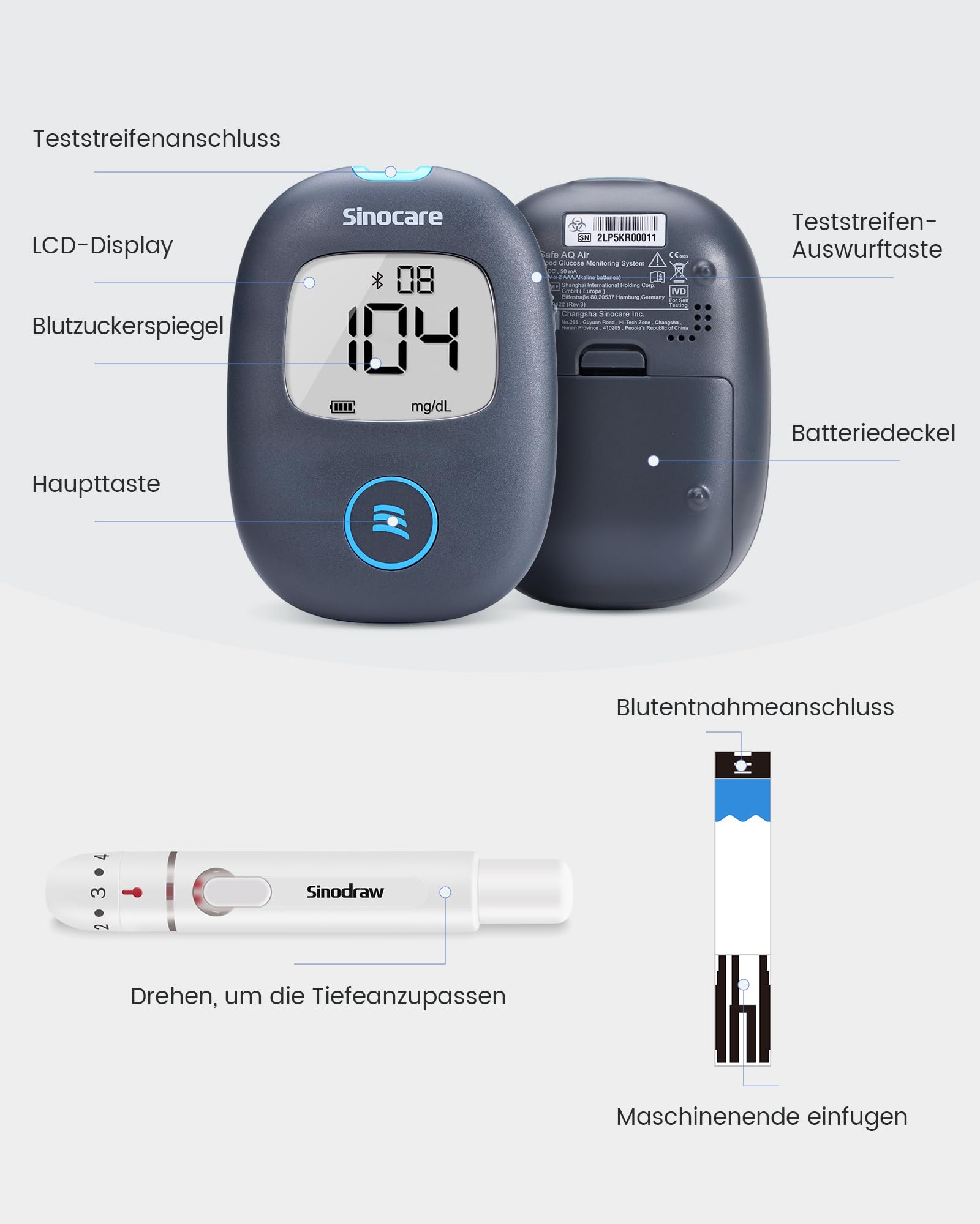 Sinocare Safe AQ Air Blutzuckermessgerät, einfaches und großartiges Blutzuckertest-Set mit Bluetooth und App, mit 100 Teststreifen und Lanzetten, in mg/dl