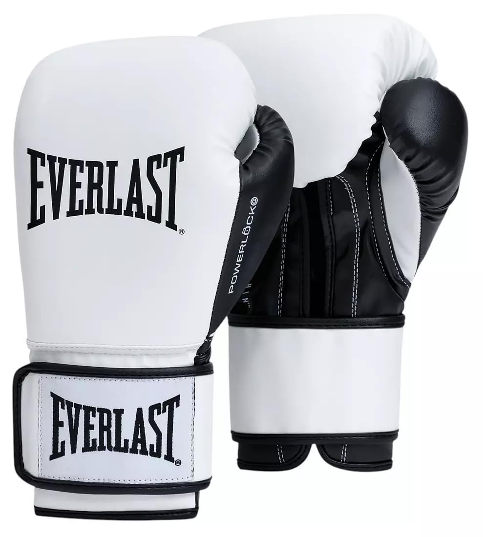 Everlast Powerlock OG 12 oz Gants de Boxe (Blanc/Noir), pour Sac, Mitaines et Sparring, Fermeture Auto-agrippante, Mousse avancée, Prise Ergonomique – Équipement Everlast Authentique