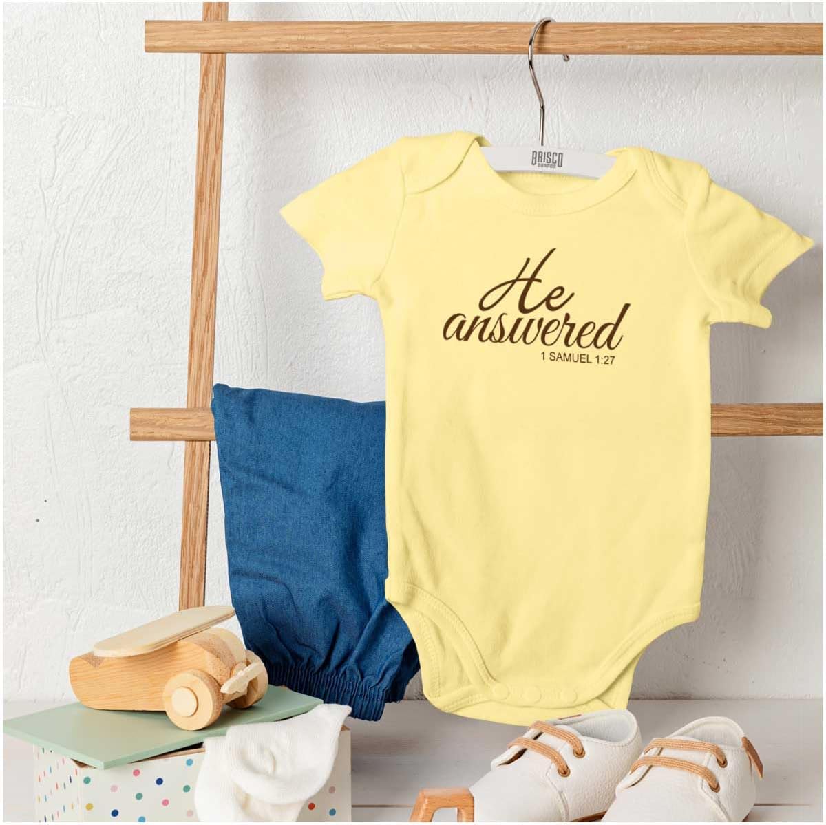 Brisco Brands He Answered Samuel 1:17 Christian Baby Bodysuit Jumper Girls image 4