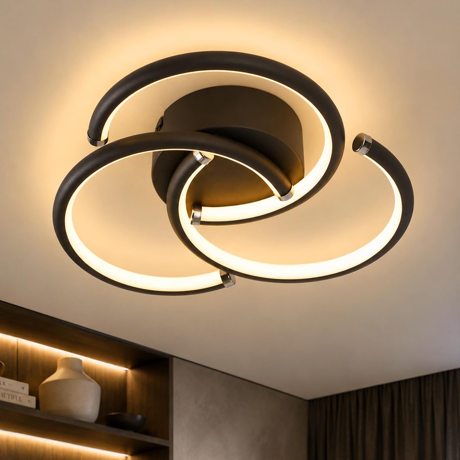 ZMH Deckenlampe Schlafzimmer LED Deckenleuchte 24W 3000K Küchenlampe | Modern Schwarz Schlafzimmerlampe Ringe Design Flurlampe Decke Metall Deckenbeleuchtung für Wohnzimmer Büro Küche Flur