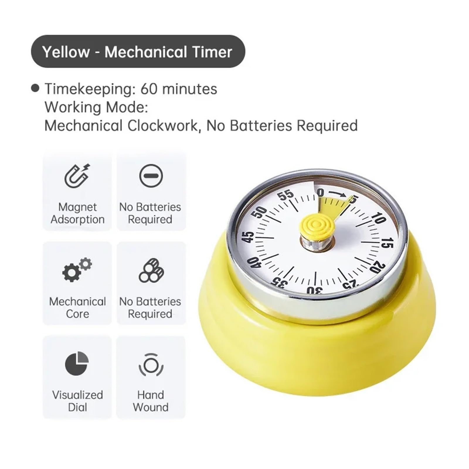 minutnik, Kitchen Timer Mechanical Reminder Round Time Alarm Clock Countdown Magnetic Suction Visualization(Yellow)