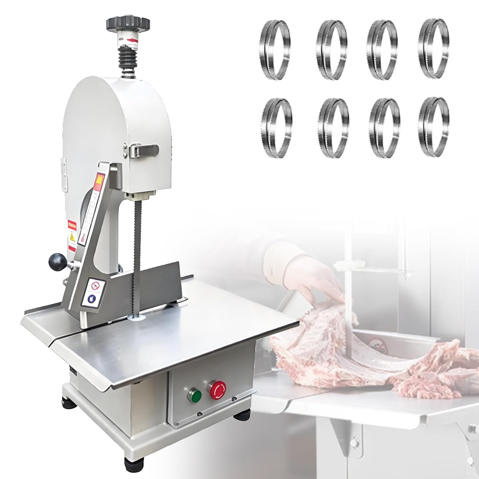 Ofyphth 1100W Commercial Electric Meat Bandsaw, Electric Bone Sawing Machine, with 8 Blades, 200-300kg/h, for professional butcher’s ribs, beef and fish.