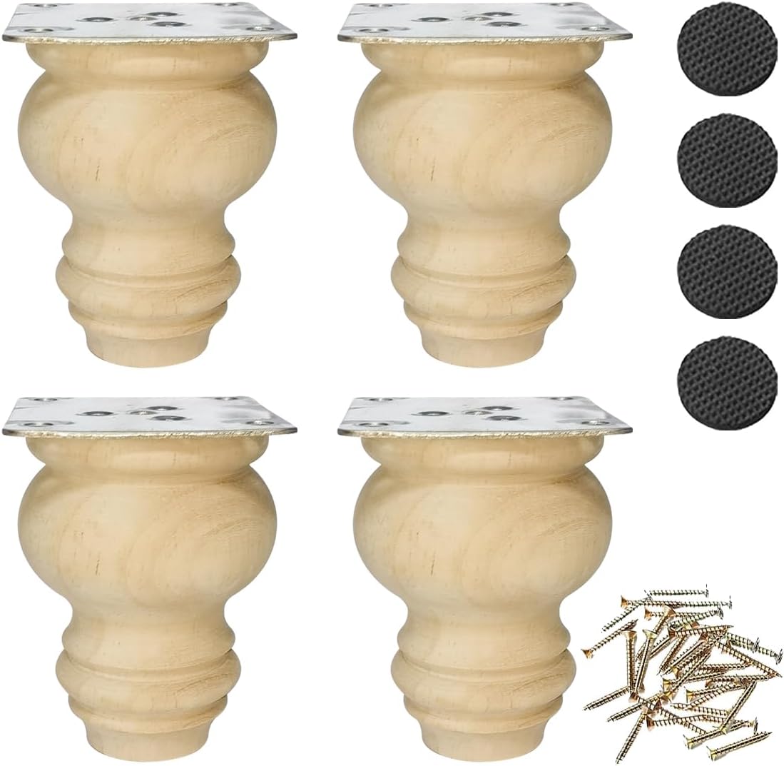 3 Inch Wooden Furniture Legs, Solid Wood Unpainted Replacement Furniture Legs, Cabinet Legs/Desk/Sofa/Bookcase Bun Feet, DIY Wooden Round Legs with Mounting Plate & Screws Set of 4