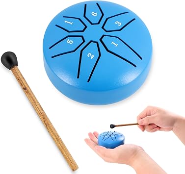 EASTROCK Mini Steel Tongue Drum 3 Inch 6 Notes Percussion Instrument Handpan Drum C Key with Mallets, Music Book Steel Drum for Meditation, Relaxation Blue