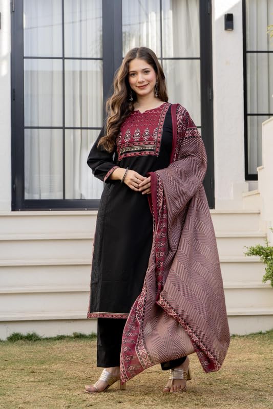 Image of Amayra Women's Cotton Straight Kurta Set with Palazzo Pants & Dupatta- Ethnic Wear