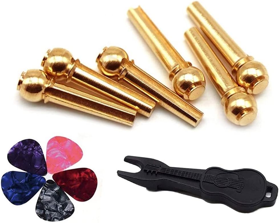 Alnicov Guitar Parts Set,Brass Guitar Bridge Pins Endpin Pack of 6 with Bridge Pin Puller Remover,5 PCS Guitar Picks for 6 Strings Acoustic Guitar