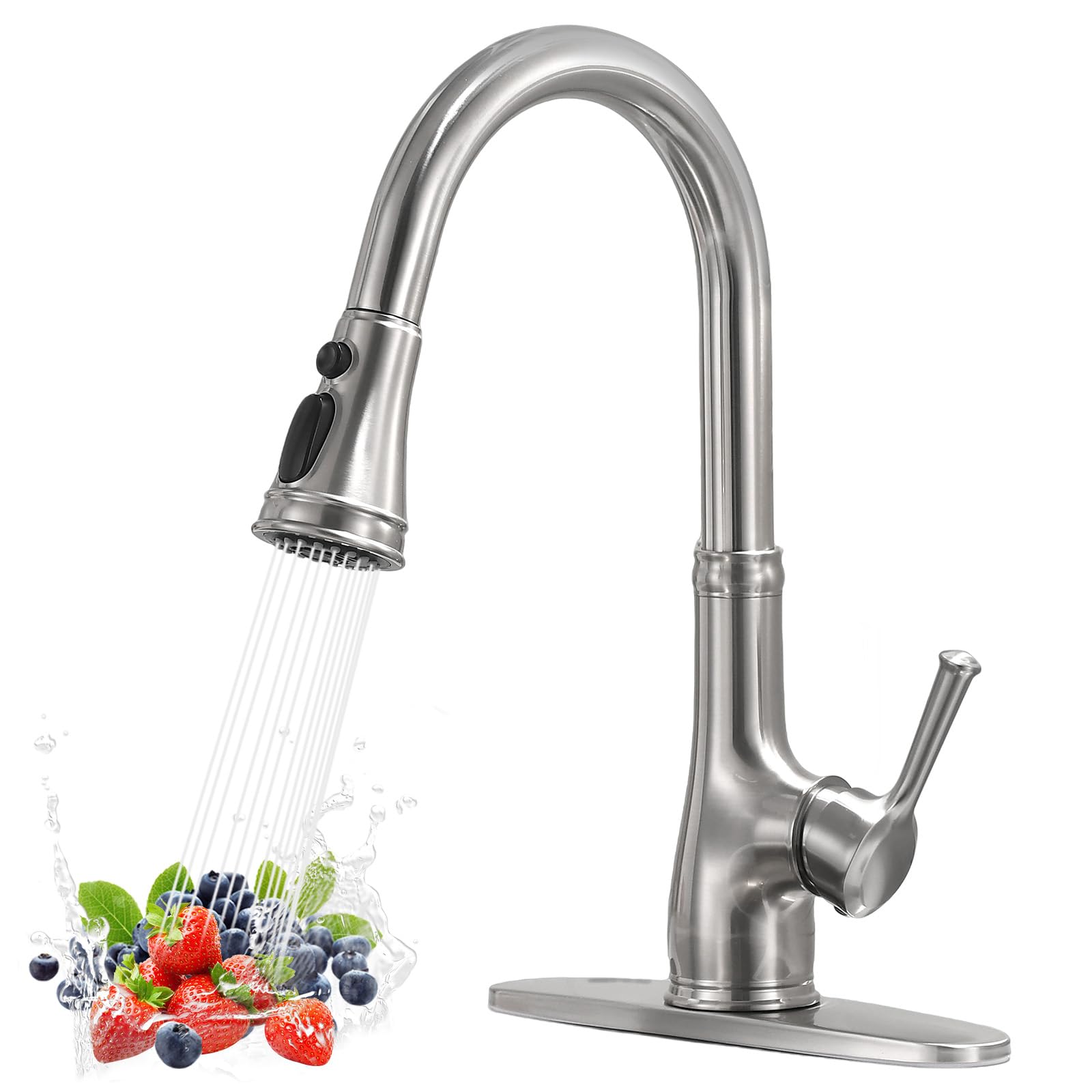 WEWE Kitchen Faucet- Single Handle Stainless Steel Brushed Nickel Pull Down Kitchen Sink Faucet with Pull Out Sprayer