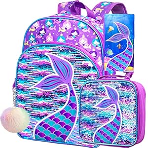 3PCS Girls Backpack, 16″ Sequin Prechool Elementary Bookbag and Lunch Box