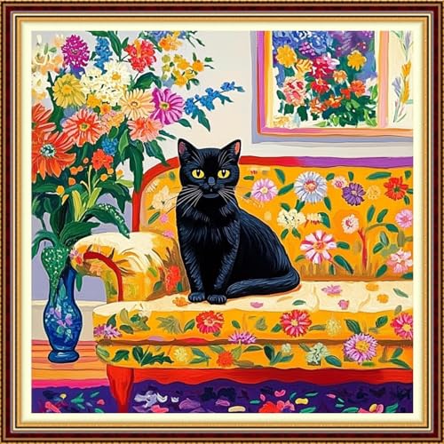Image of Fanxvivy Stamped Counted Cross Stitch Kits for Adults Printed Cross-Stitch Patterns 11CT Stamped or Counted Cross Stitching Embroidery Kit Needlepoint Kits-Cute cat 18x18 inch
