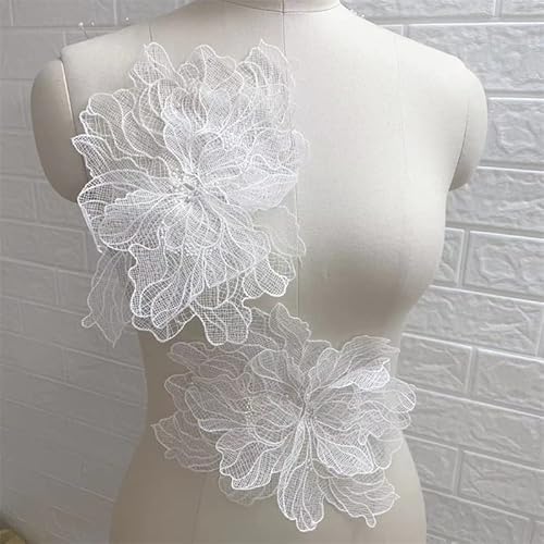 2 Pairs 3D Embroid Lace Fabric: White Flower Embroid Lace Applique, Sew On Bridal Rhinestone Applique Motif Patch For Wedding Dresses Diy Decorative Clothes 1 Pair 3D Lace Trim Large And Small Size #TOP12
