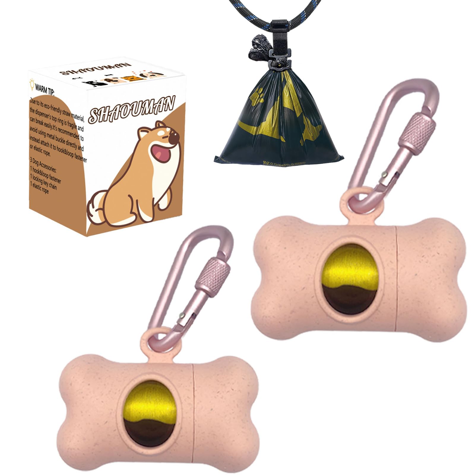 Shaouman Pink Bone Shaped Garbage Bag Dispenser Dog Poop Bags Holder Dog Waste Bags Dispenser With For Leash On The Go For Walking Dogs Outdoor(2 Holders 30 Bags，Light )