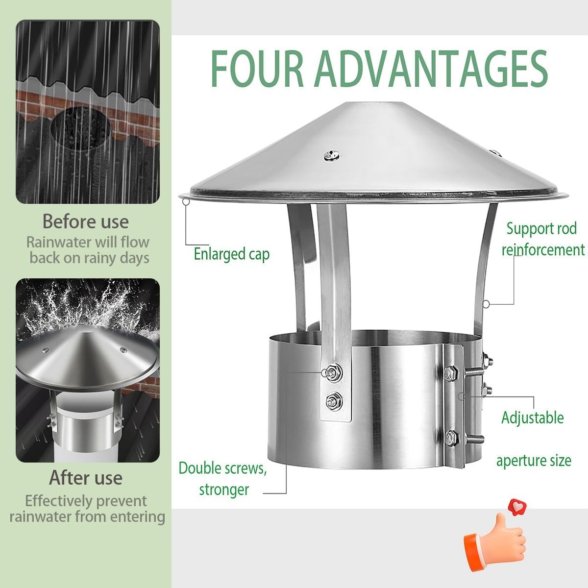201 Stainless Steel Chimney Cap，3" 4" 5" 6" 7" 8" 9" Chimney Cover Fireplace Chimney Caps Round Chimney Caps And Cowls Rain Guard With Adjustable Metal Screws(210mm/8.27inch)