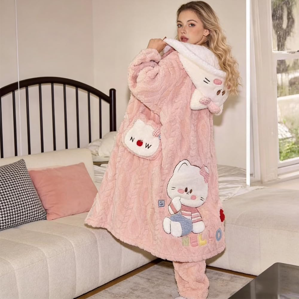 Brrioe Women's cute Kawaii button bathrobe hoodie coat plush warm pajamas and trousers Sets Soft Fleece Hooded Loungewear