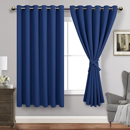 JIUZHEN Cortinas opacas de aislamiento térmico y acústico con tiras de amarre, de color azul, bloquean la luz del sol y reducen el ruido, paneles de