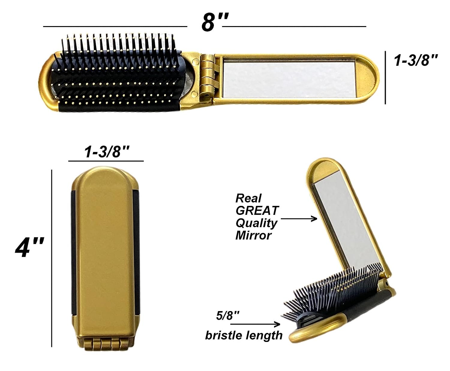 2 Gold ALAZCO Folding Hair Brush With Mirror Compact Pocket Size Travel Car Gym Bag Purse Locker Swimming Camping Sleepover Gift and more image 4