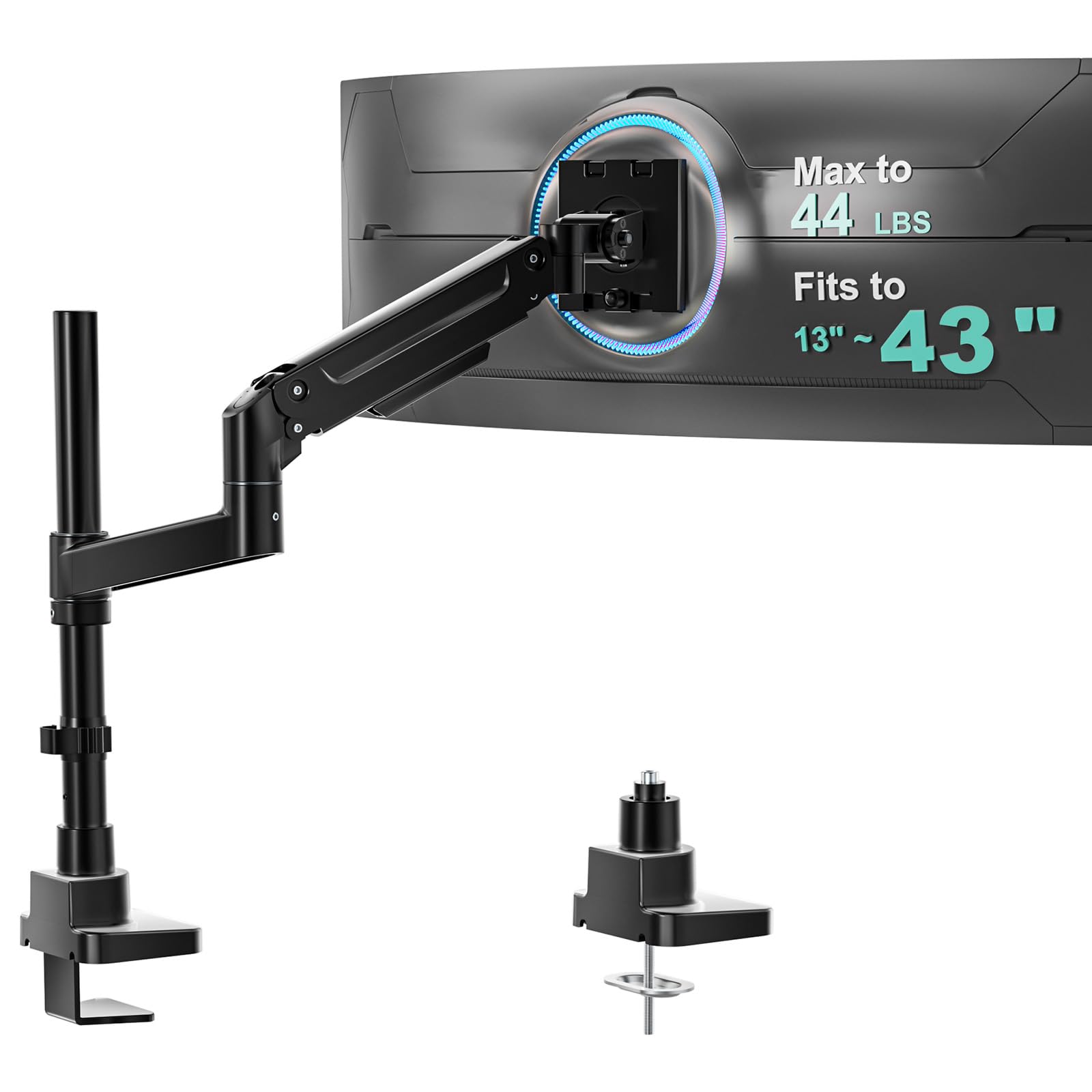 WALI Heavy Duty Monitor Arm Desk Mount for 13-43 Inch Ultrawide Screens, Single Monitor Arm with Full Motion Tilt, Swivel, Rotation, Holds up to 44 lbs, C-Clamp Mount for VESA 75/100mm (GSDM001-P)