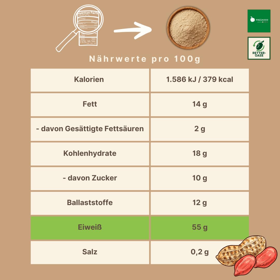 freshooo® Erdnussmehl entölt & roh | 1,0 kg | Erdnussprotein | 55% Protein | ökologisch-nachhaltig abgepackt