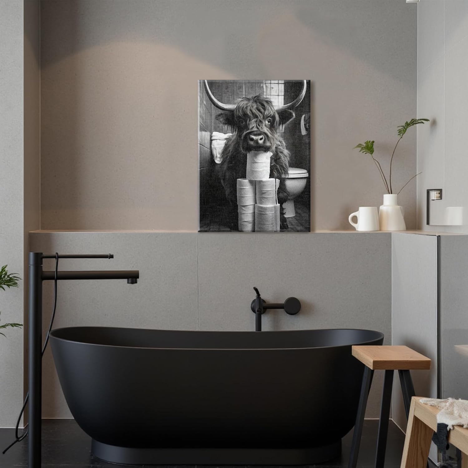 Funny Highland Cow Wall Art​ Black and White Animal Wall Decor Painting Highland Cow Toilet Paper Pile Canvas Print​ Modern Humor Decor Posters Prints for Bathroom