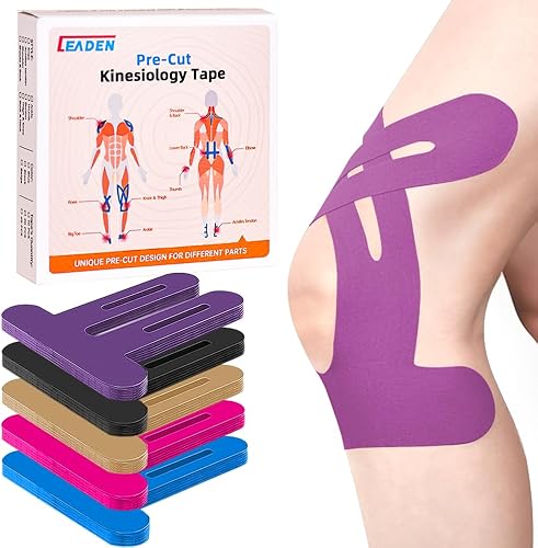 Miniatura 18 de IEADEN Cinta de kinesiología precortada para rodillas, 10 unidades, soporte y estabilidad de rodilla, cinta atlética para aliviar el dolor de Negro