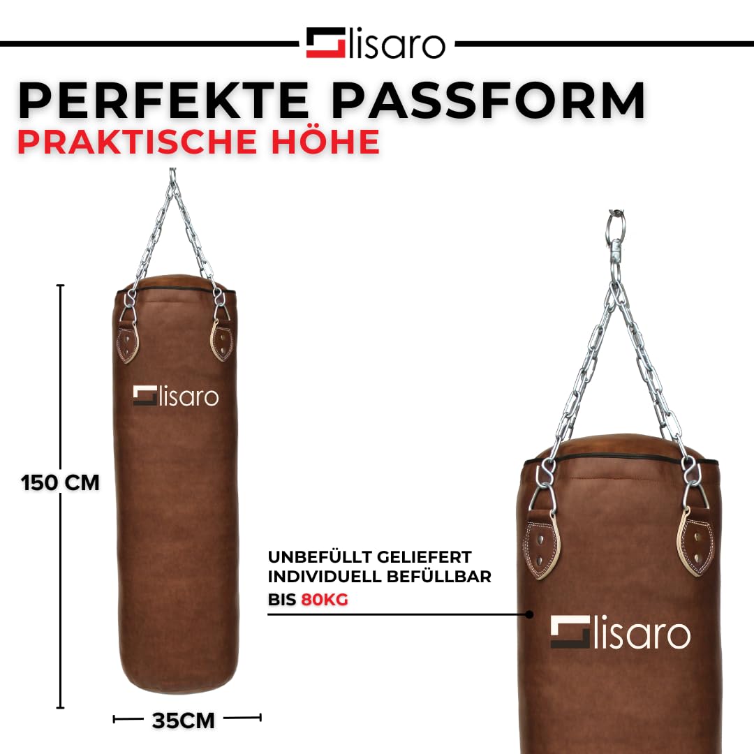 Lisaro Profesjonalny worek bokserski/worek na piasek 150 cm | nadaje się do każdego rodzaju sportu | ok. 40 kg | wypełniony/niewypełniony | w zestawie czteropunktowy łańcuch stalowy | materiał