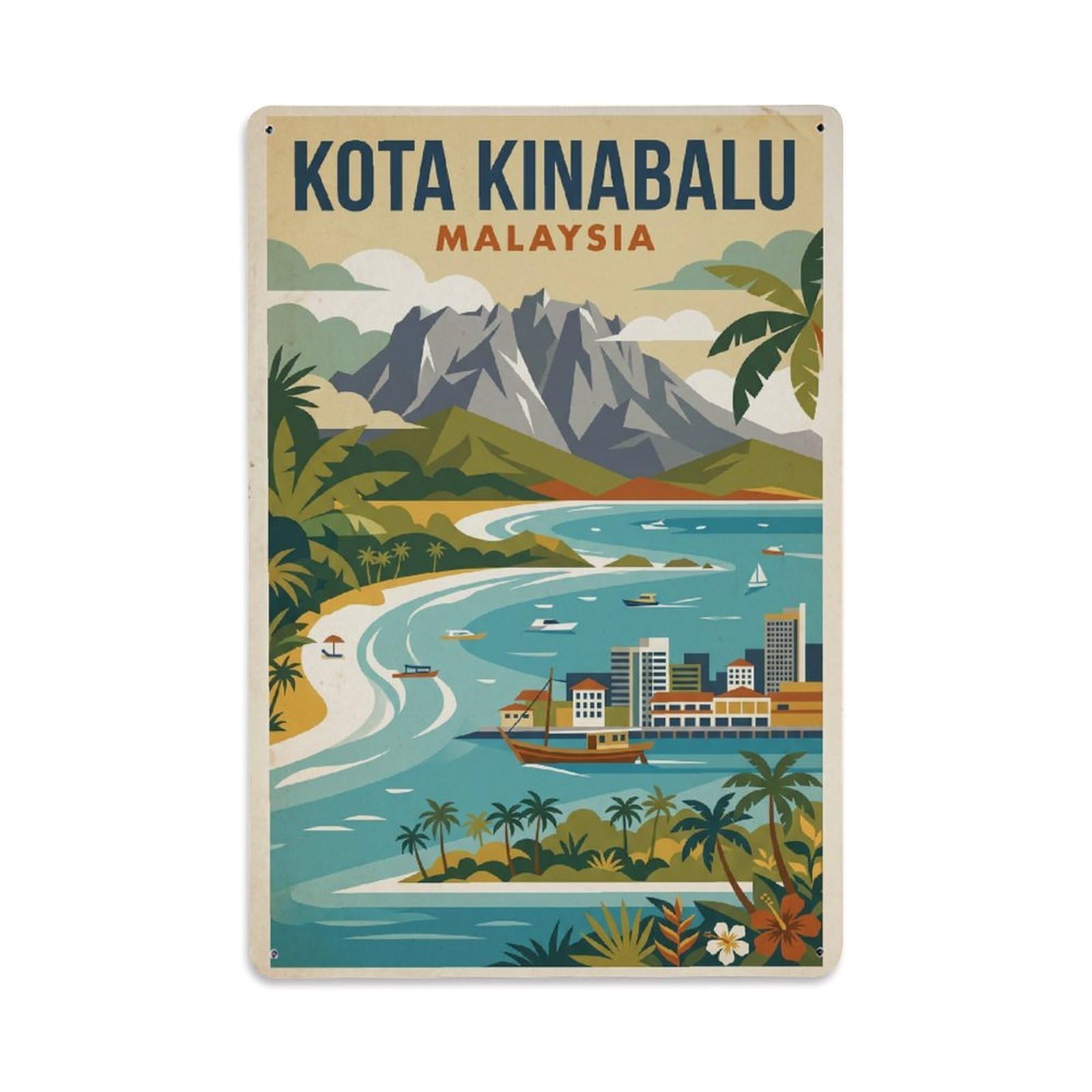 Vintage Malaysia Kota Kinabalu Metal Tin Sign Plaque Wall Decor for Cafe, Club Bar, Office, Garden Metal Poster 8x12Inch